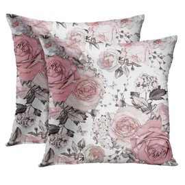 Golee Throw Pillow Cover Gray Abstract with Pink Flowers and Leaves on White Watercolor Floral Pattern Rose in Pastel Color Decorative Pillow Case Home Decor Set of 2 Square 18x18 Inches Pillowcase