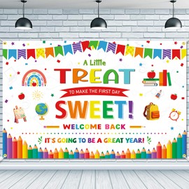 JKQ A Little Treat to Make The First Day Sweet Backdrop Banner 71 x 45 Inch Colorful Welcome Back to School Background Banner Great School Year Party Decorations First Day of School Photo Booth Props