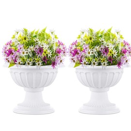 2 Pcs Classic Urn Planter, 10.23 inches Height Plastic Indoor or Outdoor Decorative Urn, Pedestal Plastic Planter, Home Garden Front Porch Door Deck Balcony Decoration, White