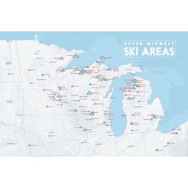 Upper Midwest Ski Resorts Map 24x36 Poster (White & Light Blue)