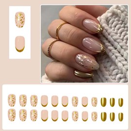 LINMEIZAI 24Pcs Press on Nails Short Almond with Elegant Nude Gold Design Fake Nails Press ons Nail Glue on Nails Full Cover Acrylic Nail Tips Kit False Nails Stickers Nail Art for Women Manicure