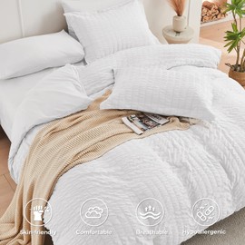HYMOKEGE White Full Duvet Cover Set, Ultra Soft & Breathable 3PC Seersucker Duvet Cover Set with Zipper Closure & Corner Ties – Includes 1 Duvet Cover (80"x90") & 2 Pillowcases