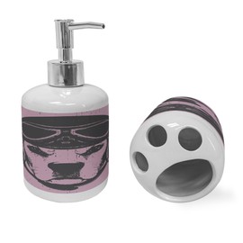 Ambesonne Beagle Soap Dispenser & Toothbrush Holder Set, Weathered Animal Portrait of Pilot Biker Dog Wearing Grunge Hipster Retro Hat, Ceramic Bathroom Toiletry Accessories, 2 Pcs, Pale Rose Grey
