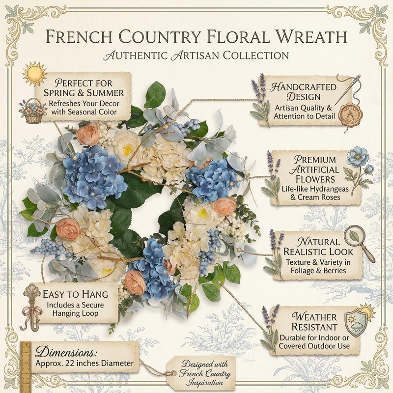 Quixem 22 Inch Hydrangea Wreath for Front Door Decor, UV