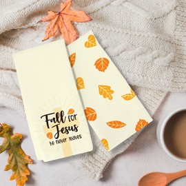 RZQIJ Fall for Jesus He Never Leaves Kitchen Towels Dish Towels Dishcloth, Fall Thanksgiving Christian Decor for Kitchen Bathroom Home, 16 x 24 Farmhouse Decoration Hand Towels Set of 2. (017)