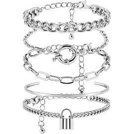 5pcs Women Dainty Bracelet Set with Lock Toggle Clips Pendant Cuff and Chunky Chain Bracelets Punk for Girls