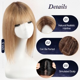 starluck Hair Toppers for Women Real Human Hair 7"*7" Large Base ombre Ash Blonde with Bangs 100% Real Human HairToppers for Women with ThinningHair Cover Gray Roots