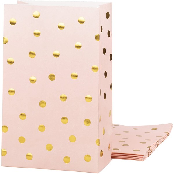 Party Treat Bags - 24-Pack Gift Bags Party Supplies, Paper Favor Bags, Recyclable Goodie Bags for Birthdays, Weddings, Baby Showers, Gold Foil Dots Design, Pink, 5.5 x 8.6 x 3 Inches