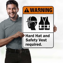 Warning Hard Hat Safety Vest Required ANSI Sign, 18x24 Inches, 55 mil thick HDPS (high density polystyrene), Made in USA by My Sign Center