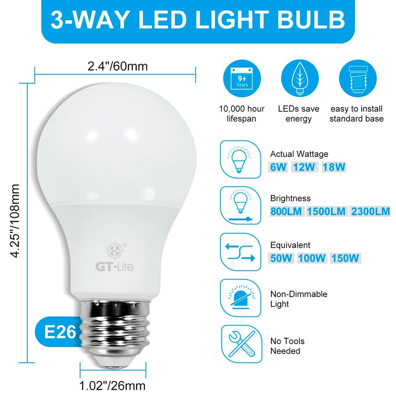 GT-Lite 6-Pack, 150W Equivalent LED 3-Way Light Bulbs, 2700K Soft