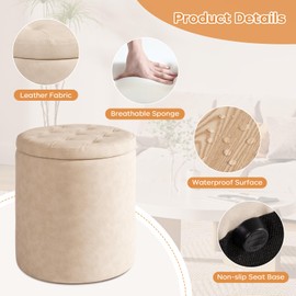 oakvivo Faux Leather Round Ottoman with Storage Set of 2, Button Tufted Ottoman Foot Stools Vanity Stool, Small Boucle Coffee Table Footstool with Removable Lid for Living Room, Bedroom, Beige