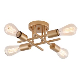 Semi Flush Mount Modern Ceiling Light, Gold Mid-Century Industrial 4-Light Farmhouse Chandelier Light Fixtures for Hallway Bedroom Kitchen Dining Room Porch Laundry Room