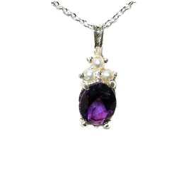 Ladies Solid 925 Sterling Silver Natural Amethyst and Pearl Contemporary Pendant Necklace
