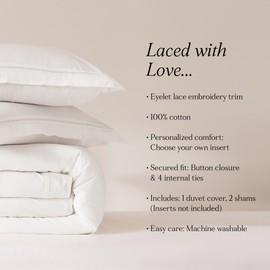 Lush Decor Doris Eyelet Inset Trim Cotton Duvet Cover 3 Piece Set Full/Queen White - White Duvet - Neutral Bedding Set - Country Cottage Style