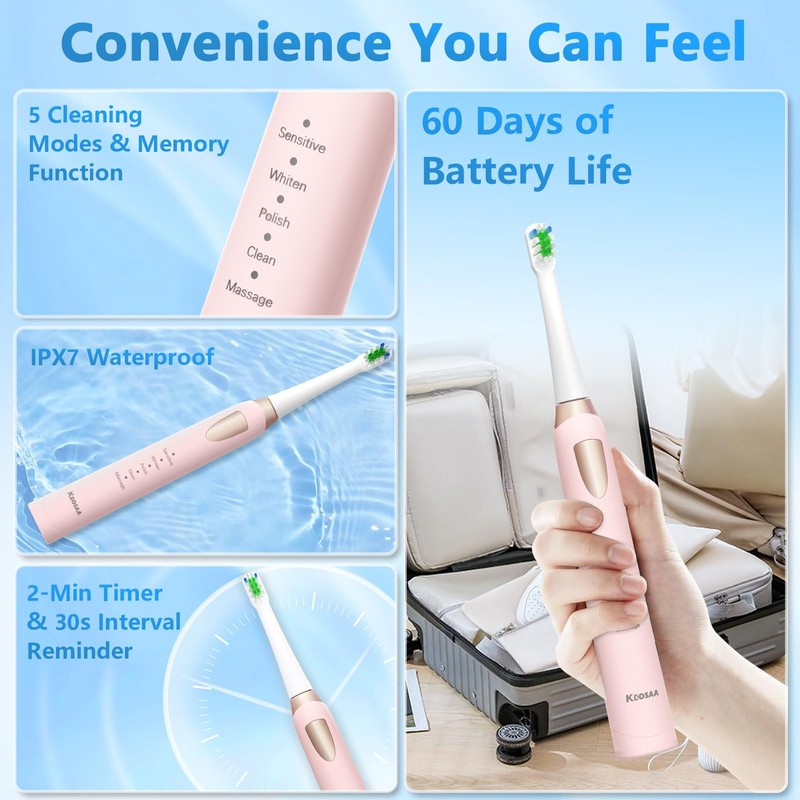 keosaa Sonic Electric Toothbrush with 8 Brush Heads, Rechargeable Toothbrush
