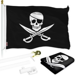 UD_G128 Combo Pack: Flag Pole 6 FT White Tangle Free & Pirate Jolly Roger Swords Flag 3x5ft 150D Printed Polyester