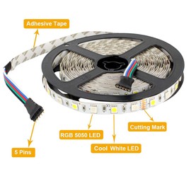 SUPERNIGHT LED Strip Light, 5050 16.4ft RGBW Non-Waterproof LED Flexible Lighting, 12V 300LEDs, 5M Multi-Colored LED Tape Lights