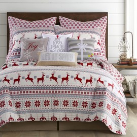 Levtex Home - Silent Night Quilt Set - Full/Queen Holiday Quilt 88x92 and Two Standard Pillow Shams 20x26 - Christmas Fair Isle Deer - Red, Grey, White - Reversible - Cotton