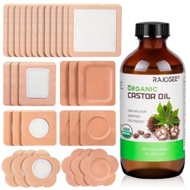 32Pcs Castor Oil Pack with Castor Oil Organic Cold Pressed Glass Bottle 8oz, Cotton Caster Oil Wrap for Waist Back Neck Arm, Self-Adhesive for Convenient Use