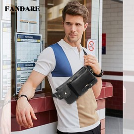 FANDARE Retro Waist Fanny Pack Bumbags for Men Sling Bag Genuine Leather Chest Shoulder Crossbody Bag Cover Pack for Hiking Cycling Travelling Outdoor Sport Business College Shoulder BagBlack
