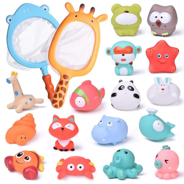 FUN LITTLE TOYS 18PCS Baby Bath Toys with Soft Cute Ocean Animals Bath Squirters and Fishing Net, Water Toys for Kids