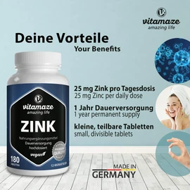 Zinc tablets highly dosed, 25 mg per daily dose, 50 mg per vegan tablet for 12 months, Natural food supplement without additives, Made in Germany.