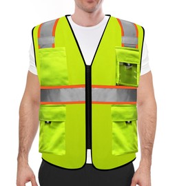 HYCOPROT High Visibility Reflective Safety Vests with Zipper and 8 Pockets, Meets ANSI/ISEA Standards