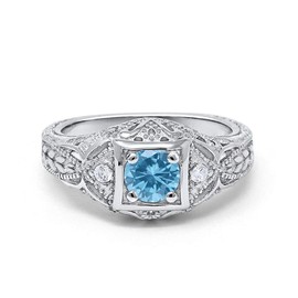 Blue Apple Co. Art Deco Antique Style Wedding Engagement Ring Simulated Round Cubic Zirconia 925 Sterling Silver Choose Color, Sterling Silver, Created Aquamarine