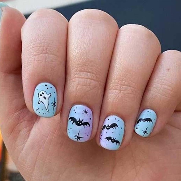 Halloween Press on Nails Short Square Fake Nails Ghost Bat