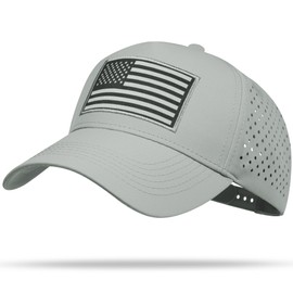 UALON American Flag Trucker Hat, Quick Dry Baseball Cap for Men & Women, Laser Cut Mesh Waterproof Snapback Hats Gray