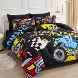 Decoreagy Kids Queen Comforter Set 5 Piece Bed in a Bag,Soft Microfiber Black Full Bedding Set for Girls Boys,Monster Truck Pattern Comforter with Sheet Sets,All Season Bed Set (Black,88"x88")