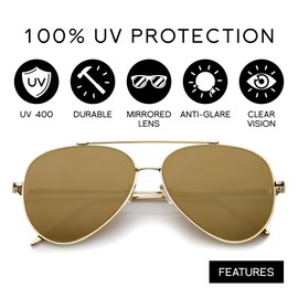 zeroUV Mirrored Oversized Aviator Sunglasses for Women and Men, Metal Frame with UV400 with Large Flat Mirror Lens 58mm (Gold/Brown Mirror)