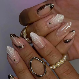 24Pcs Almond Press on Nails Medium Length Nude Fake Nails with 3D Lines Designs Chrome French False Nails Gold Beads Shell Glue on Nails Glossy Acrylic Nails for Women DIY Manicure Nail Decoration