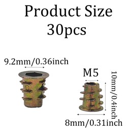 Runseaway 30Pcs M5 x 10mm Zinc Alloy Threaded Insert Nuts, Hex Socket Drive, Internal Thread Connector, Wood Furniture Fastener Kit for Cabinets, Shelves, DIY Woodworking Projects