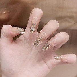 CATKIN Press On Nail Fasle Nail with design 24pcs Full Cover Reusable Acrylic Nails Artificial Nails for Women girls Long Square Decoration Fake Nails Champagne golden