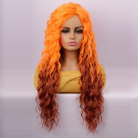 Billowig Long Curly Wig For Women, Orange to Auburn Color Hair, 28 inch Long Wavy Orange Mixed Auburn Wig, Heat Resistant Synthetic Hair For Cosplay Daily Party Use