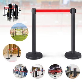 Yaheetech Black Baking Varnished Stanchion Post Rope Barriers -2 Pack Crowd Control Stanchions 36-Inch Height with 6.5 Feet Red Retractable Belt Easy Connect Assembly