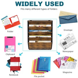 PAG Wall File Organizer for Office, 5-Tier Rustic Hanging File holder Wall Storage Rack for Documents/Magazine/Literature/File Folders/Mails/Envelopes, Brown