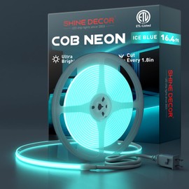Shine Decor COB LED Rope Light AC 120V, 800lm Ultra Bright, IP65 Waterproof Cold-Resistant ETL Neon Strip, No Driver Tape Lighting for Home Commercial 10x4.5mm, Ice Blue, 16.4ft