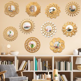 Barydat 10 Pcs Boho Gold Sun Mirrors for Wall Decor 10 Inches Plastic Decorative Wall Mirrors for Entryway Home Living Room (Modern)