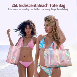 crawing Beach Bag 26L Large Iridescent Waterproof Beach Tote Bag for Women with Zipper & Phone Pouch Sand/Tip-Proof Crossbody