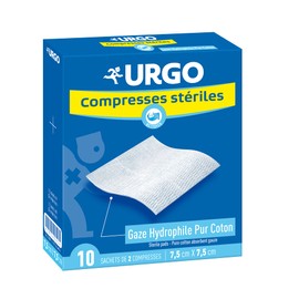 Urgo - Sterile Gaskompressen – Absorption – Box mit 10 Beuteln mit je 2 Kompressen – 7,5 cm x 7,5 cm