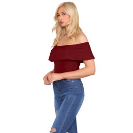 Hamishkane New Ladies Plain Off The Shoulder Ruffle Frill Bardot Bodysuit Stretch Leotard Top