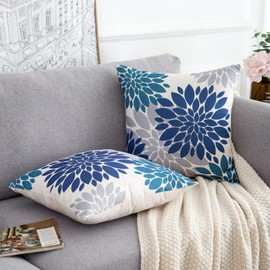 HomeStilez Cushion Cover 45 x 45 cm Dahlia Farmhouse Decorative Cushion Cover Spring Summer Decorative Blue and Grey Soft Decorative Cushion Covers for Sofa Bedroom Outdoor