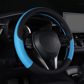 Follicomfy Auto Car Genuine Leather Steering Wheel Cover Anti Slip Wrap 15" (Blue)