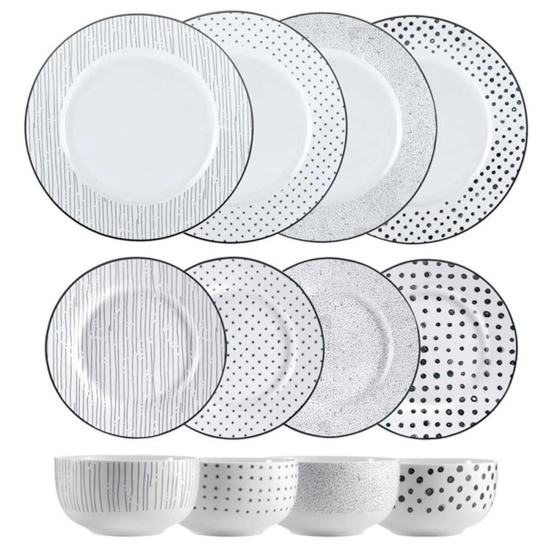 Safdie & Co. Porcelain Dinnerset 12 Piece Black White Sketch