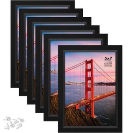 Langdon House 7x5 Picture Frames (Black, 6 Pack), Modern w/Bevelled Accent, Tabletop Easel and Wall Hanging Hooks Included, Radiant Collection