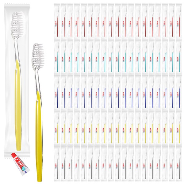 Amyhill 100 Sets Disposable Toothbrushes with Toothpaste Individually Wrapped Toothbrushes and Toothpaste Bulk 5 Colors Soft Bristle Tooth Brush for Travel Homeless Shelter Hotel Guest Apartment