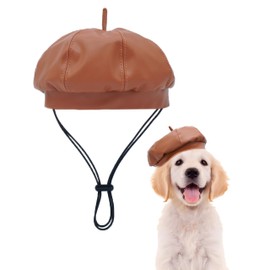 PET SHOW Dog Beret Hat for Small Medium Dogs Cats Party Holiday Headband Cap French Leather Berets with Adjustable Chin Strap Cute Fashion Puppy Hats Pets Costumes Accessories(Brown,M)