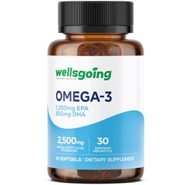 Omega-3 Fish Oil Supplement, 2500 mg Omega-3 Fatty Acids with 1200 mg EPA & 850 mg DHA per Serving, 60 Softgels (30 Day Supply)